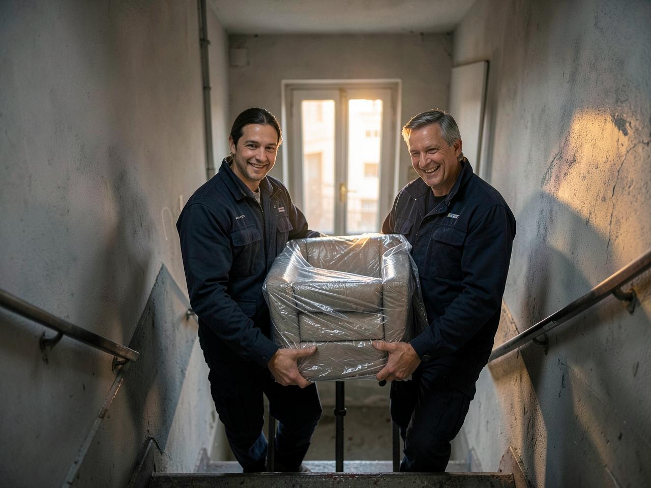 Zwei Mitarbeiter von PLATZMAX24 tragen gemeinsam Möbel ein Treppenhaus hinunter